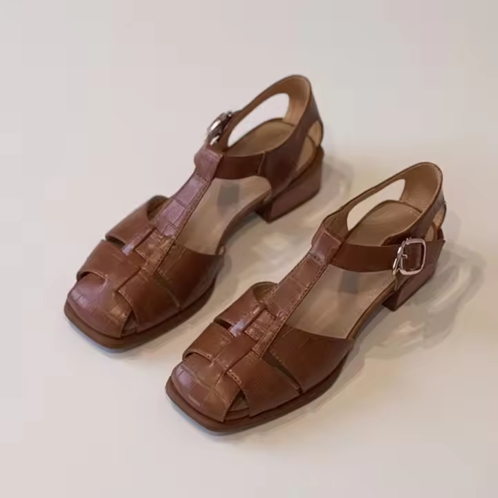 Sandalias de tacón grueso de cuero negro tejido vintage francés, huecas, transpirables, para verano y viajes diarios. - 1