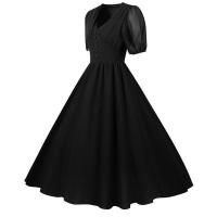 Elegante vestido de fiesta largo de gasa con cuello en V, mangas cortas tipo farol y color sólido para mujer, verano. - details 20