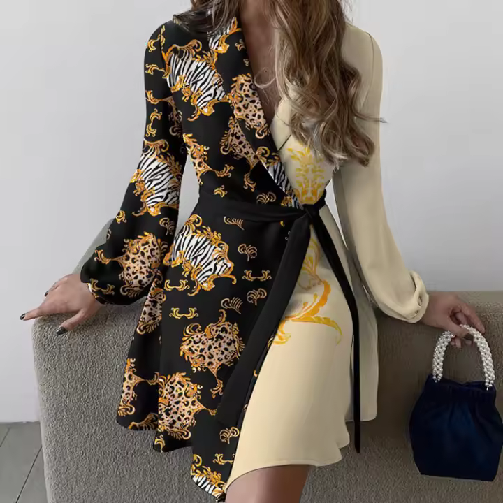 Vestido de manga larga con temperamento para mujer, nuevo estilo 2025, con cuello de viajero y corbata, color bloqueado de una pieza - 1