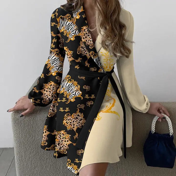 Vestido de manga larga con temperamento para mujer, nuevo estilo 2025, con cuello de viajero y corbata, color bloqueado de una pieza - 1