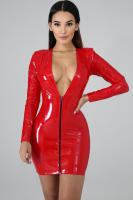 Vestido corto de cuero PU con cremallera de imitación de colores, falda de cadera envuelta, cuello en V profundo, cuatro lados, elástico, 2024 - details 6