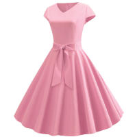 Women summer vintage with belt short sleeve v neck elegant retro swing party dresses - details 3