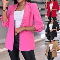 Chaqueta elegante de manga larga para mujer, traje de Color sólido, cuello, otoño - details 1