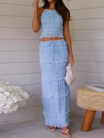Conjunto a juego de faldas plisadas con chaleco y cuello redondo liso, traje de retazos sin mangas para primavera y verano para mujer, trajes de mujer con cintura elástica 2025 - details 18