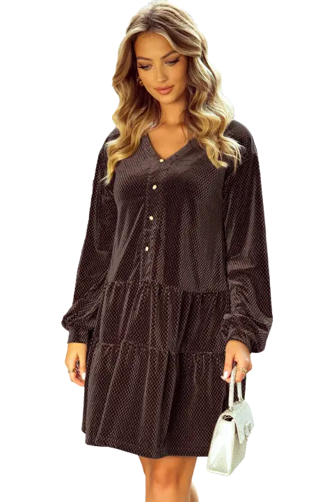 Elrachen Vestido recto de terciopelo con cuello en V para mujer, marrón oscuro, tallas S-XL - 1
