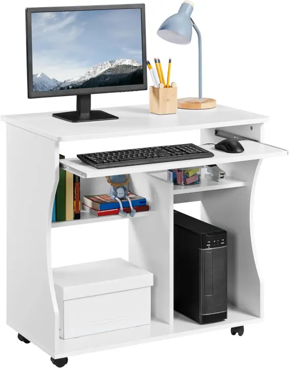 Mesa Escritorio con Ruedas Mesa de Oficina con Bandeja Extraíble 80x48x76 cm Escritorio Ordenador con Cajones para PC Impresora Despacho Estudio Blanco - 1