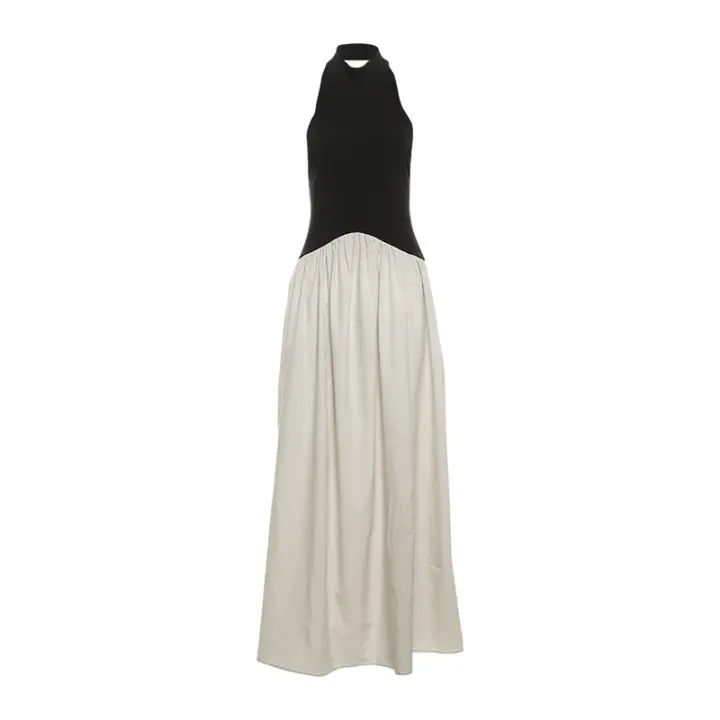 BUNO-Vestido de retazos con contraste de gato extraño para mujer, vestido Halter con espalda descubierta, sin mangas, dobladillo plisado, tendencia de vacaciones, informal, elástico, básico, ceñido largo - 1