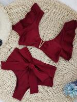 Conjunto de bikini con escote en V y volantes, traje de baño de dos piezas con cintura alta y corte alto en color sólido - details 5