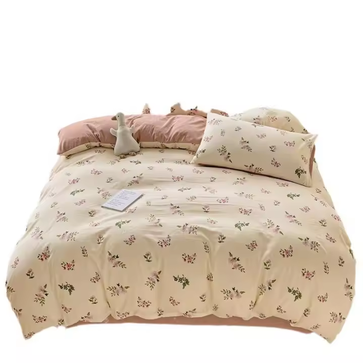 Juego de cama: Sábana ajustable de algodón lavado puro de cuatro piezas, funda de edredón, juego de tres piezas de cama individual para dormitorio de estudiantes: Sábana, funda - 1