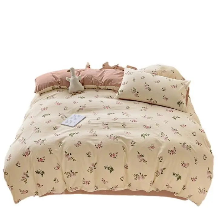 Juego de cama: Sábana ajustable de algodón lavado puro de cuatro piezas, funda de edredón, juego de tres piezas de cama individual para dormitorio de estudiantes: Sábana, funda - 1
