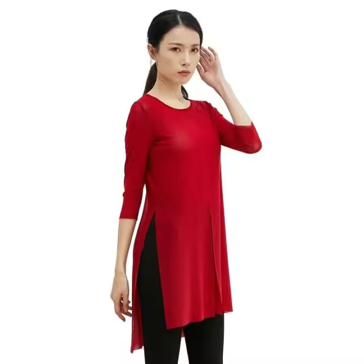 Camisa transparente de práctica de danza clásica, top de malla elástica de ballet, tres rimas corporales de bailarina folclórica con aberturas laterales, 3/4 - 1