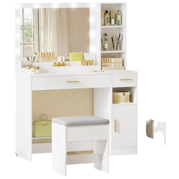 Tocador con Taburete, Tocador de Maquillaje con Espejo y Luces LED con Brillo Ajustable, Mesa de Maquillaje, 2 Cajones, 4 Compartimentos y 1 Armario, 40 x 108 x 141 cm Blanco - 1