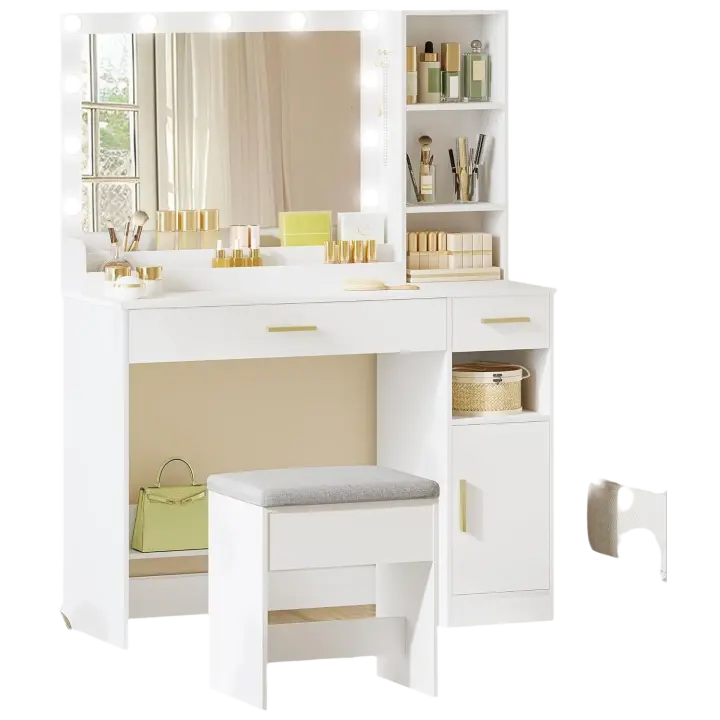 Tocador con Taburete, Tocador de Maquillaje con Espejo y Luces LED con Brillo Ajustable, Mesa de Maquillaje, 2 Cajones, 4 Compartimentos y 1 Armario, 40 x 108 x 141 cm Blanco - 1