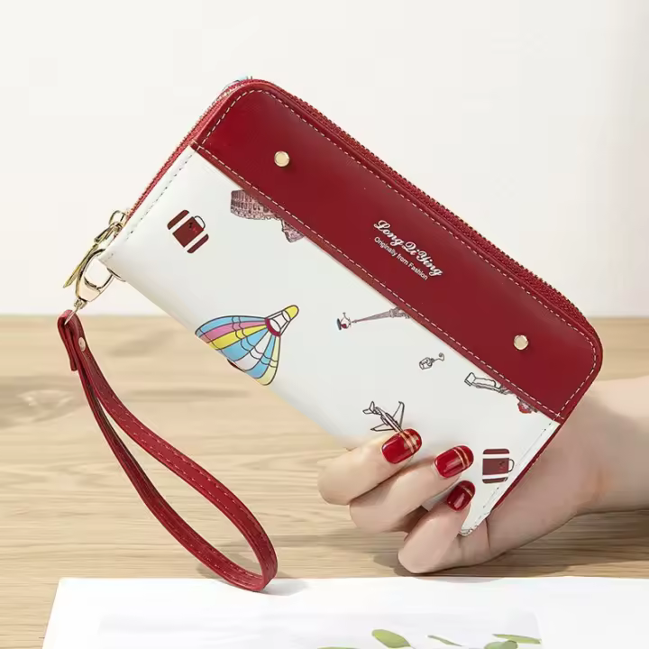 Nueva cartera larga para mujer, bolso para teléfono con doble cremallera, cartera con tachuelas para estudiante, bolso de mano de gran capacidad, monedero suave - 1