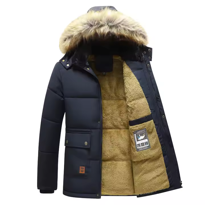 Chaqueta gruesa de lana a prueba de viento para hombre, abrigo de Parka con Cuello de piel con capucha, chaqueta informal clásica, invierno, 2024 - 1