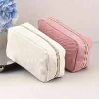 Bolso De Maquillaje Para Viaje Organizador De Cosméticos De Corduroy Para Mujeres Estuche De Belleza Portátil De Cierre De Cremallera - details 1