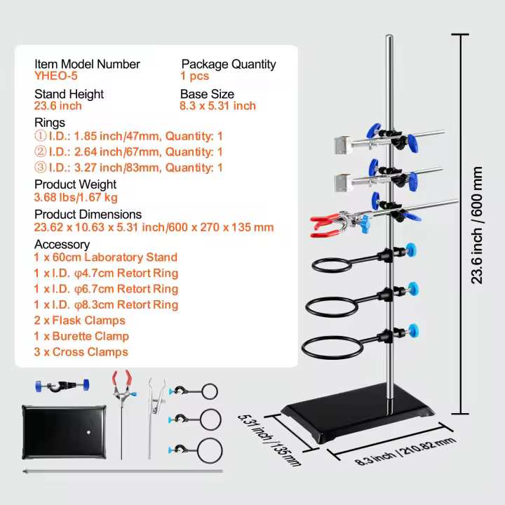 SucceBuy Juego de soporte para laboratorio, soporte para retorta de laboratorio con varilla de acero inoxidable 23.6 y base de hierro fundido, incluye abrazaderas para matraces, abrazadera para bureta y abrazaderas cruzadas para experimentos - 1
