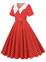 Vestido midi elegante informal para mujer con lunares, cuello Peter Pan, cintura alta y corte en A - details 14