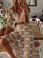 BUNO-Nuevo vestido con cuello en V para mujer, estampado floral, moda festiva, manga corta, falda de longitud media, vestidos con cinturón para verano y primavera, vestido estampado informal para mujer, moda femenina - details 1