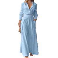 Women casual 2 pieces set elegant turn down collar long sleeve shirt and wide leg pants - details 22