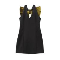 Ropa de mujer europea y americana de terciopelo con cuello en V, sin mangas, color en contraste, decoración de lazo, vestido corto - details 1