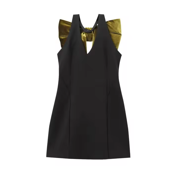 Ropa de mujer europea y americana de terciopelo con cuello en V, sin mangas, color en contraste, decoración de lazo, vestido corto - 1
