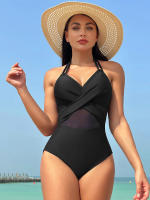 Elegante Traje de Baño Monokini de Colores Sólidos Cuello Halter para Mujeres Malla de Parche - details 1