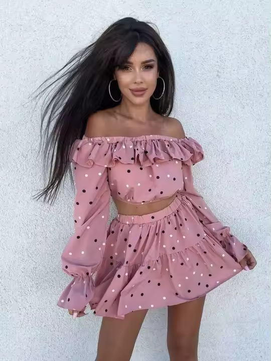 Marthaqiqi - Conjunto de pijama de lunares para mujer, top de manga larga con cuello diagonal, falda corta, pijama, Tre - 1