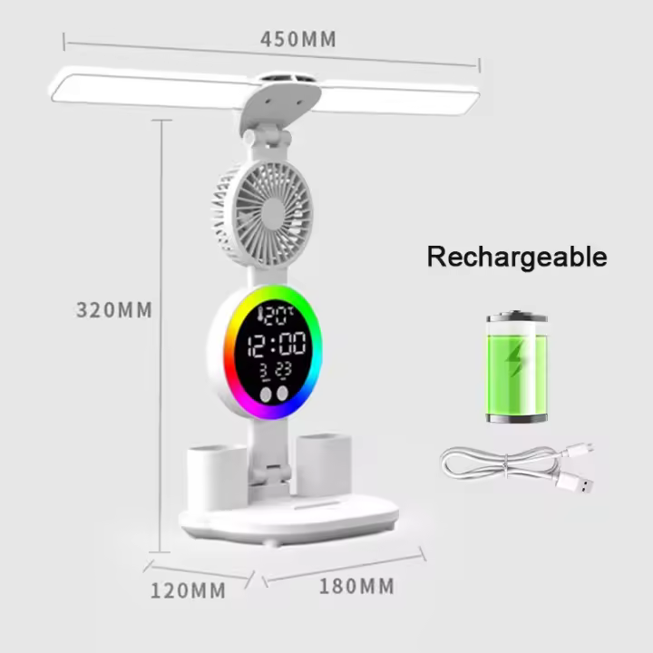 Lámpara de mesa Led recargable para estudio, lámpara de escritorio, luz de lectura, luz nocturna Led con ventilador, reloj Led, pantalla, luz de escritorio de lectura - 1
