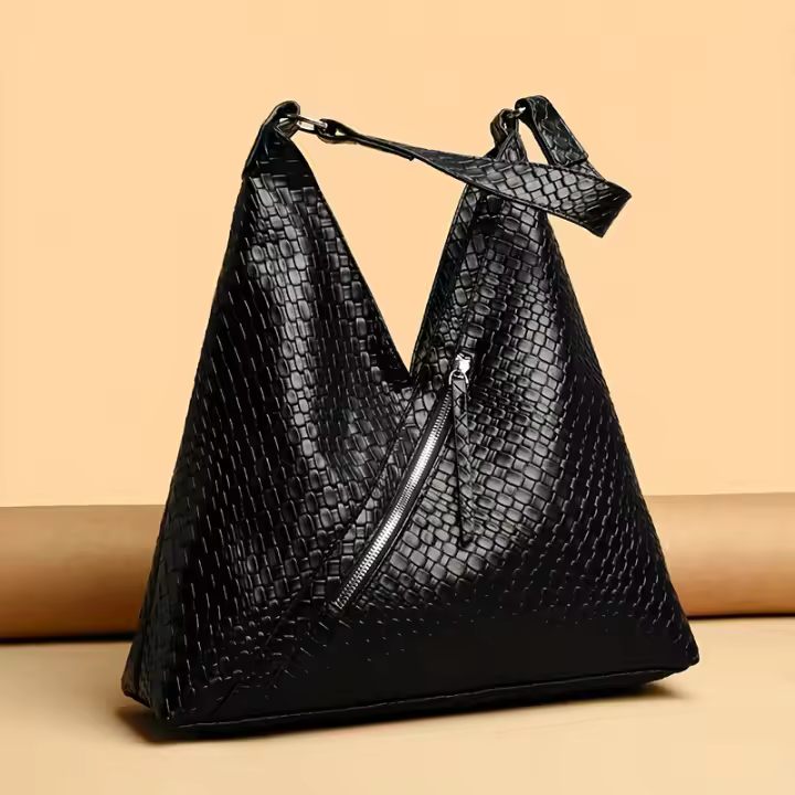 Bolso de mano elegante de gran capacidad con textura tejida - Bolso de hombro y bandolera de cuero sintético con cierre de cremallera - 1