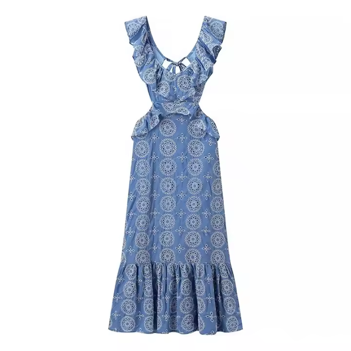 TRAFZA-Vestido largo sin mangas con espalda descubierta para Mujer, con bordado traje Sexy, elegante, bohemio, para vacaciones - 1