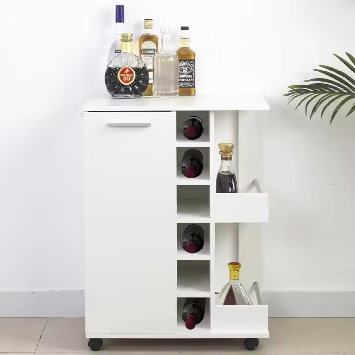 Mueble esquinero para bar, botellero de pie, botellero, vino, licor, bodega de madera, botellero de 6 plazas con puerta y asa de metal, 2 estantes laterales (Amaretto) - 1