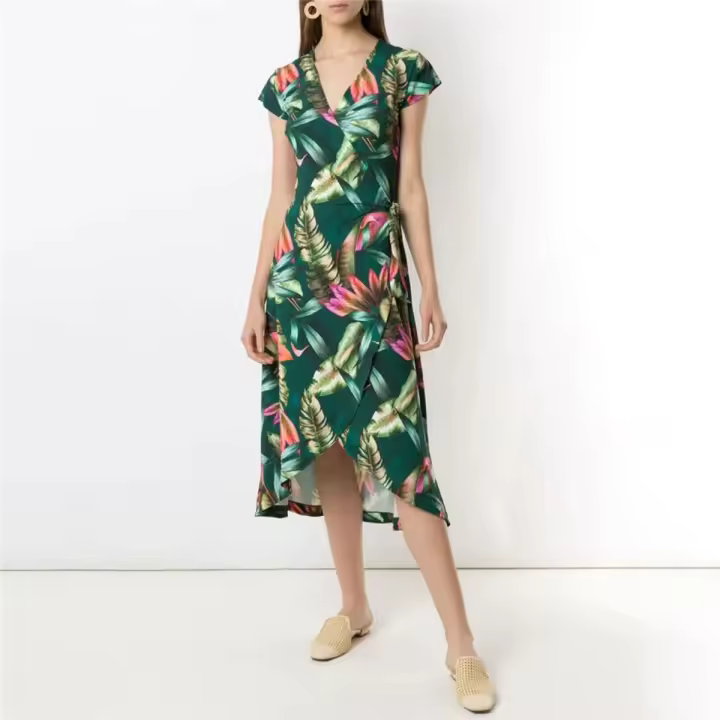 NOVEDAD DE VERANO 2025, vestido de manga corta con cuello en V y flores, falda con estampado Irregular - 1