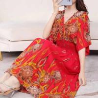 Casual bohemio estilo nacional con cuello en V cintura elástica gran Swing impreso verano Falda larga mujer vestido ropa - details 15