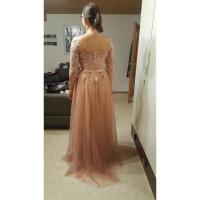 Vestidos de noche Escote redondo en gasa, elegantes apliques de tul de media manga para fiesta formal, hasta el suelo, sin espalda con - details 5
