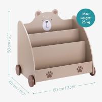 Librería Infantil de Madera Biblioteca Montessori para Niños con 3 Compartimentos para Libros y Juguetes Estantería con Ruedas Diseño de Oso - details 4