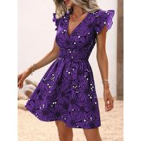 Vestido estampado con cuello en V a la moda, Mini Vestidos con mangas de pétalo para mujer, vestido acampanado para fiesta de verano - details 8