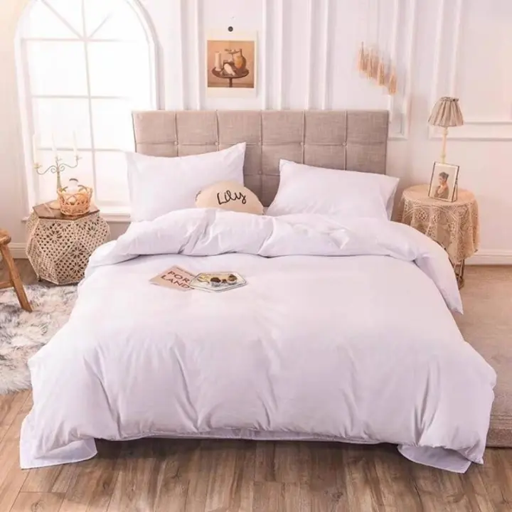 Juego de sábanas de cuatro piezas, funda de edredón y funda de almohada, color blanco puro, para casa de familia. - 1