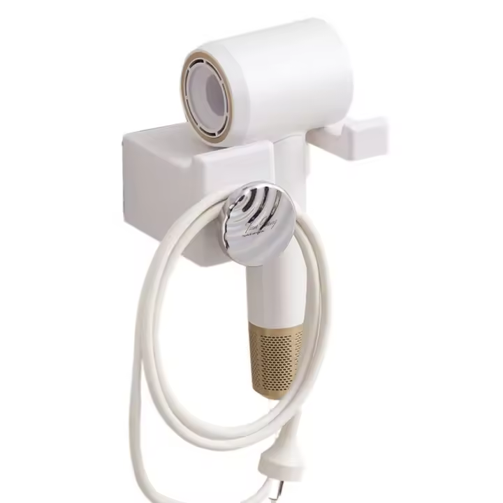 Soporte de plástico para secador de pelo, estante autoadhesivo montado en la pared para secador de pelo con gancho, estante de almacenamiento para secador de pelo sin perforaciones para Baño - 1