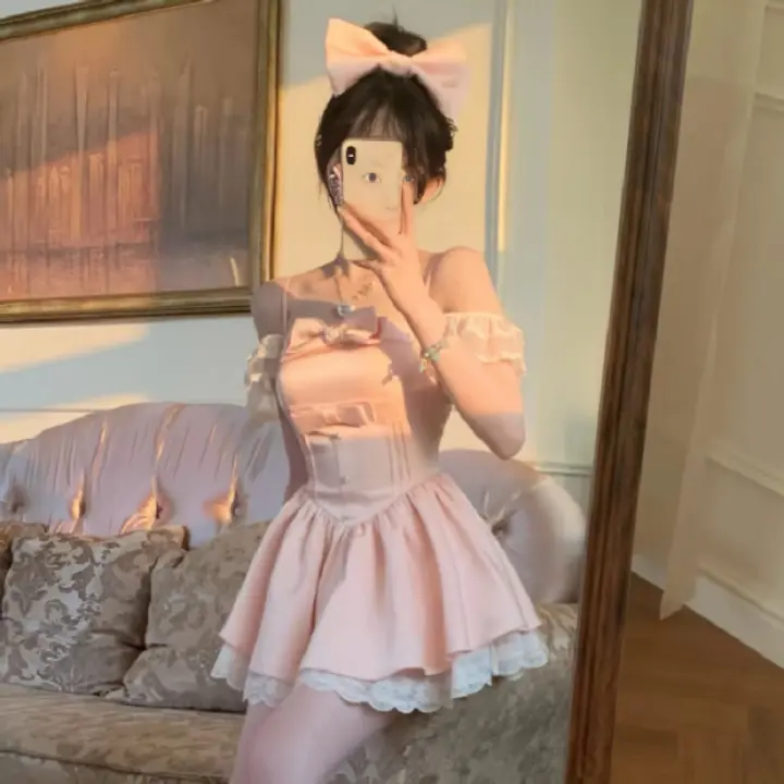 Vestido camisola de manga voladora pequeña estilo ballet francés para mujer, sentido del diseño de primavera y verano, falda corta de princesa con - 1