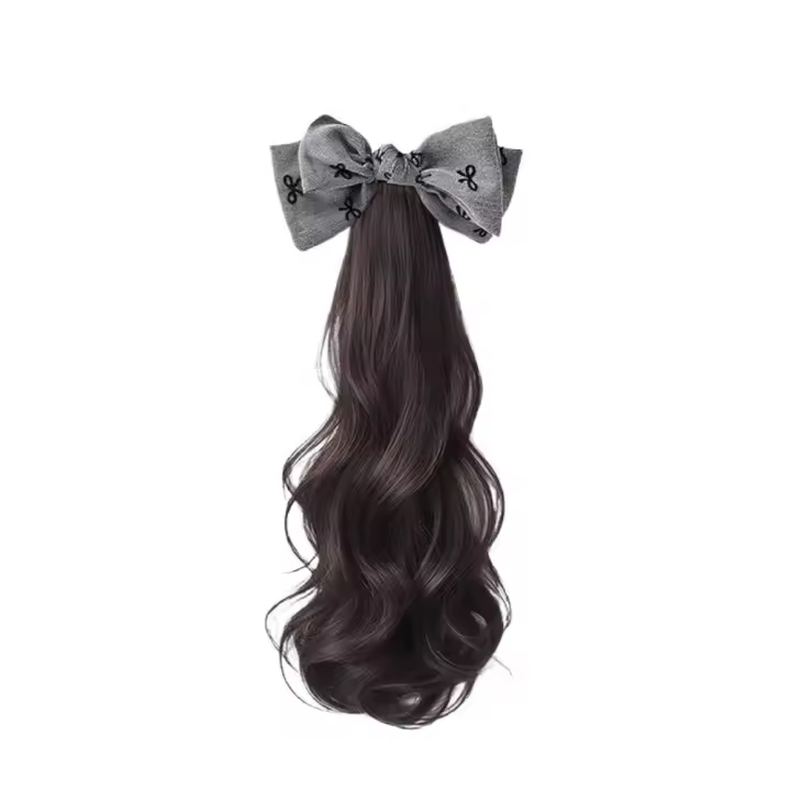 Peluca de cola de caballo con lazo negro gris de estilo coreano, extensión de cabello, cola de caballo rizada y ondulada larga y esponjosa, peluca de cola de poni sintética Natural - 1