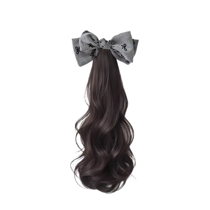 Peluca de cola de caballo con lazo negro gris de estilo coreano, extensión de cabello, cola de caballo rizada y ondulada larga y esponjosa, peluca de cola de poni sintética Natural - 1