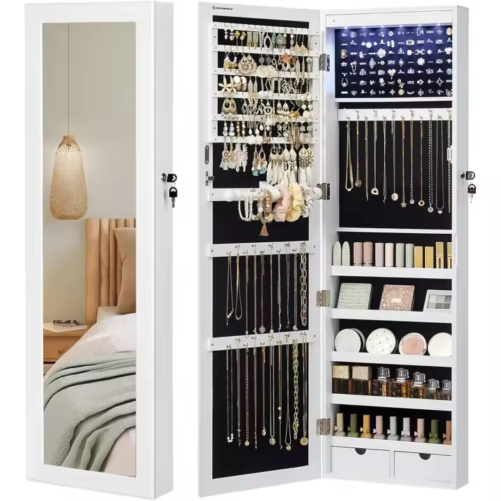 Armario para Joyas Espejo Joyero de Pared con Luces LED Organizador de Almacenamiento para Collares con Espejo y Varios Compartimentos Blanco JBC93W - 1