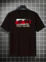 Camiseta de hombre 100% algodón con estampado gráfico 'TRUST NO ONE', camiseta casual de manga corta con cuello redondo, ropa masculina para el verano al aire libre - details 3