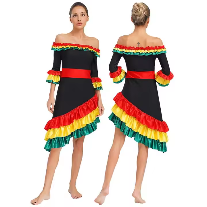 Vestido español flamenco tradicional mujer con volantes, manga larga, dobladillo inclinado, vestido baile Rumba para fiesta Rave - 1