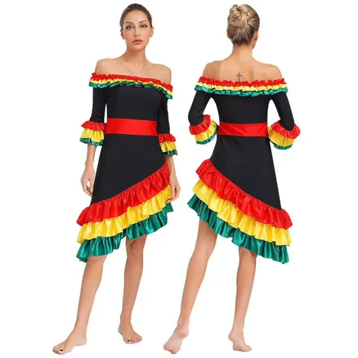 Vestido Flamenco mujer, tre actuación danza española, volantes Color contrastante, vestido con dobladillo inclinado media manga - 1