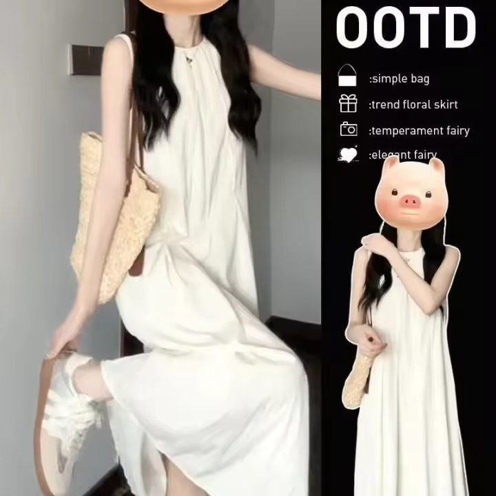 Vestido blanco francés sin mangas, artículo nuevo de verano para niños 2025, estatura pequeña, pausa para el té, chaleco adelgazante, vestido de falda larga - 1