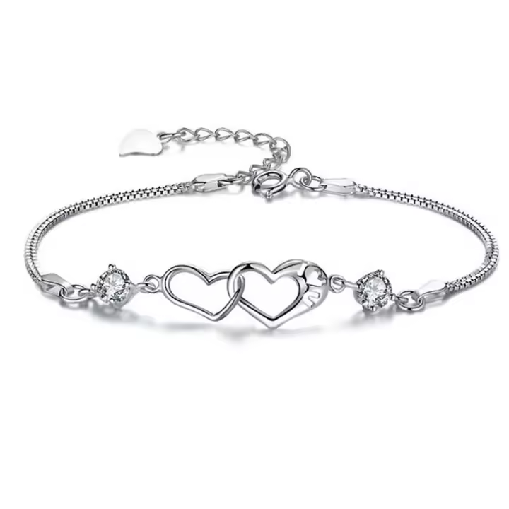 Pulsera de Plata Esterlina en Forma de Corazón Diseño de Par de Crystal para Mujeres - 1