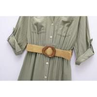 BUNO-Vestido camisero a rayas para mujer, plisado con cinturón, midi, manga con vuelta, largo para playa, verano, 2025 - details 9
