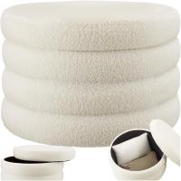 Taburete Almacenaje Bouclé, Carga: 120 kg, MDF, Puff Almacenaje, Taburete Dormitorio, Reposapies Puff, Zapatero Entrada Recibidor, Asiento Acolchado, Ideal Salón Hogar - 42 x 47 cm Crema - details 23